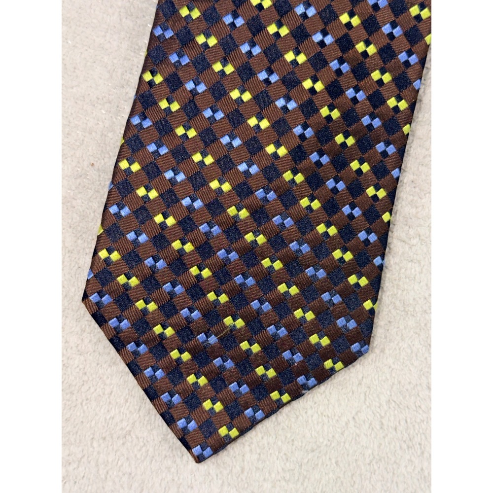 Paul Fredrick Mens Silk Necktie Brown Blue‎ Lime Green Geometric Diamond Pattern